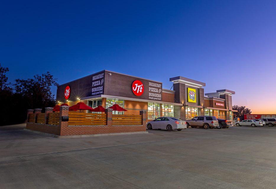 Jiffy Trip offers outside seating and a well-lit entrance.